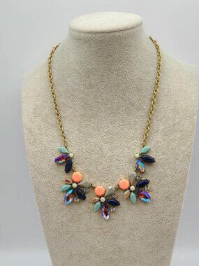 J Crew AB Crystal Pink Blue Resin Gold Tone Necklace